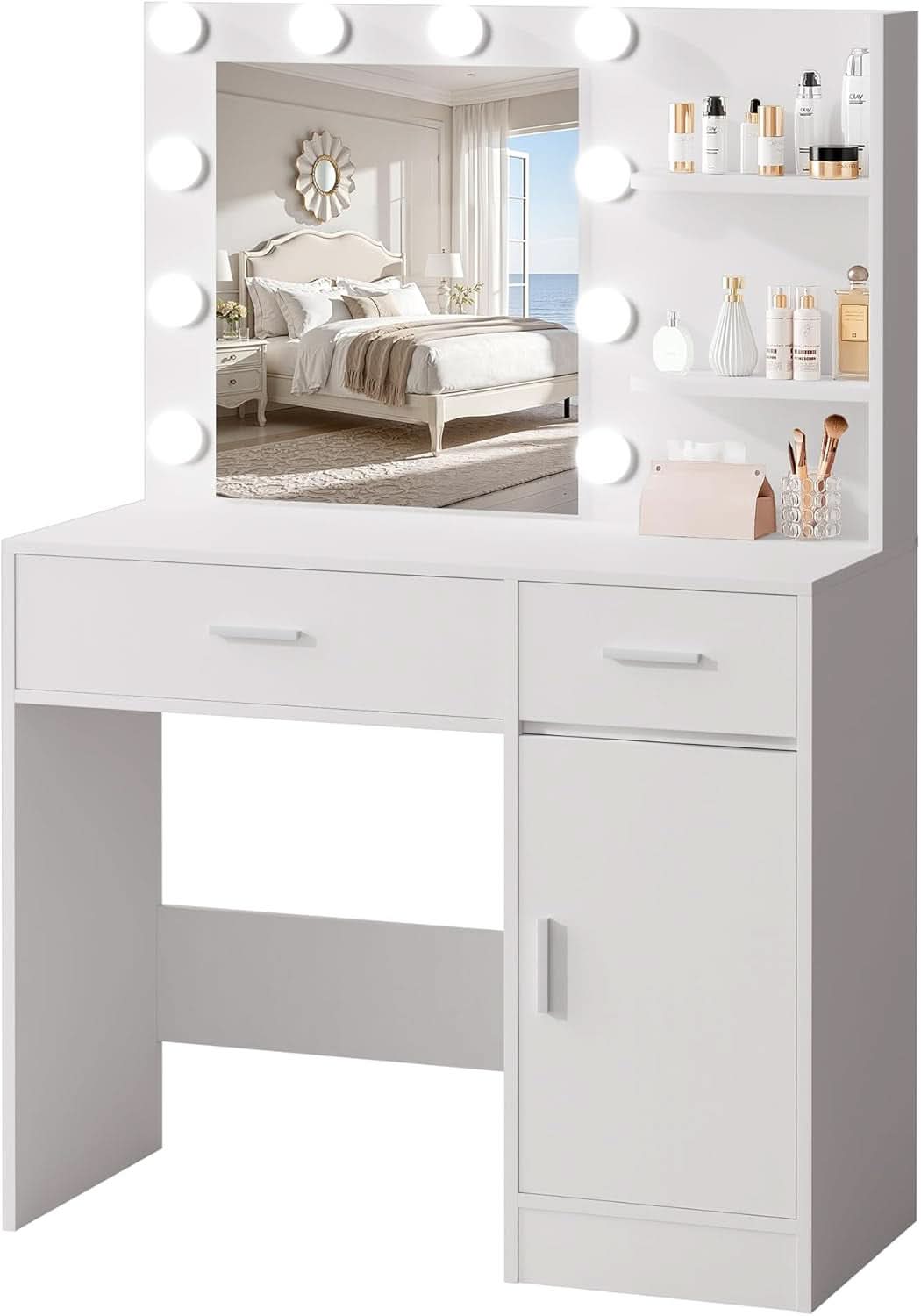 Luxurious White Vanity Desk Featuring Dimmable Mirror