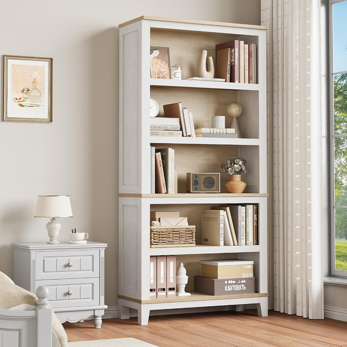 Rustic Farmhouse Bookcase Five Tier Wooden Storage