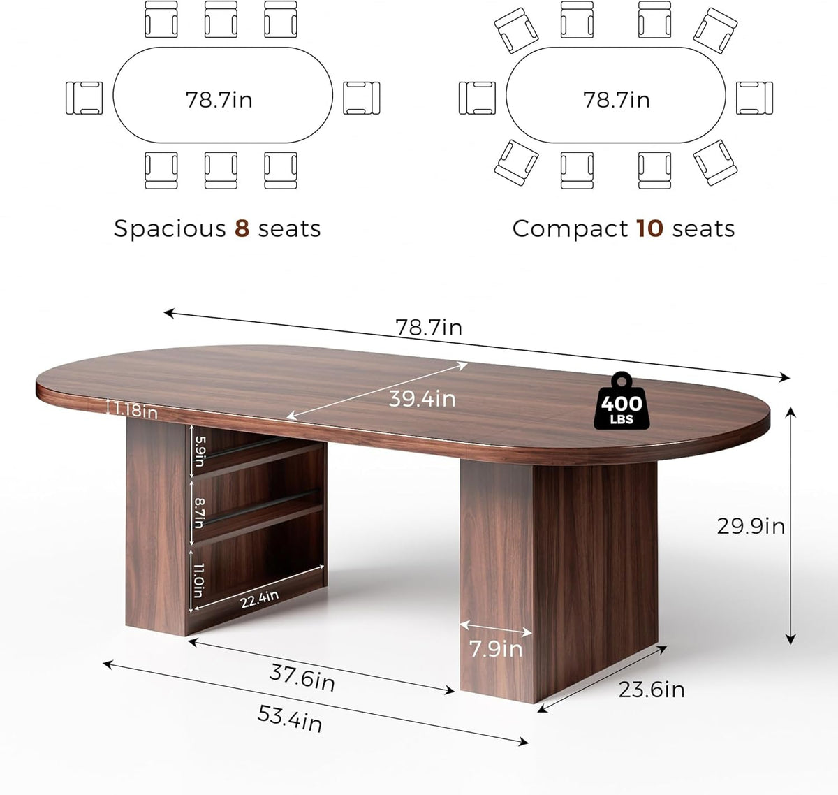 78.7 Inch Oval Walnut Dining Table Storage Shelf System