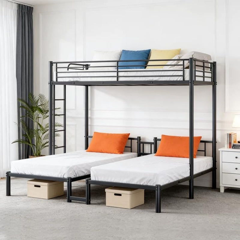 All Steel Frame Triple Bunk Bed Twin XL Guardrails Durable