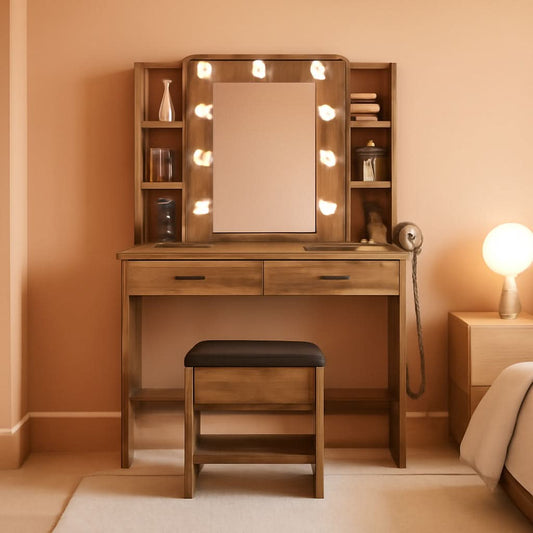 Contemporary Rustic Brown Vanity Desk With Lighting