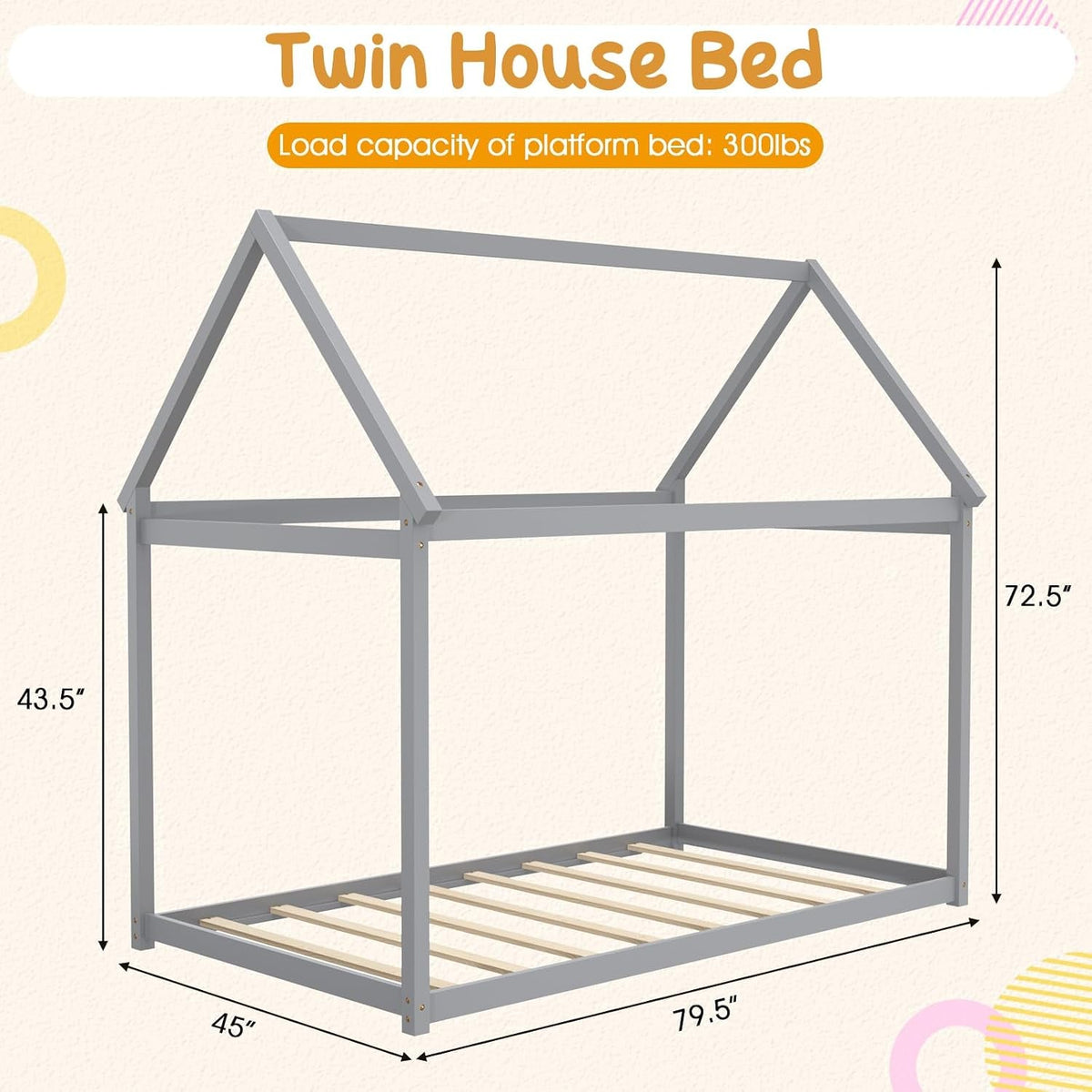 Grey Twin Montessori Playhouse Bedstead Slats Frame