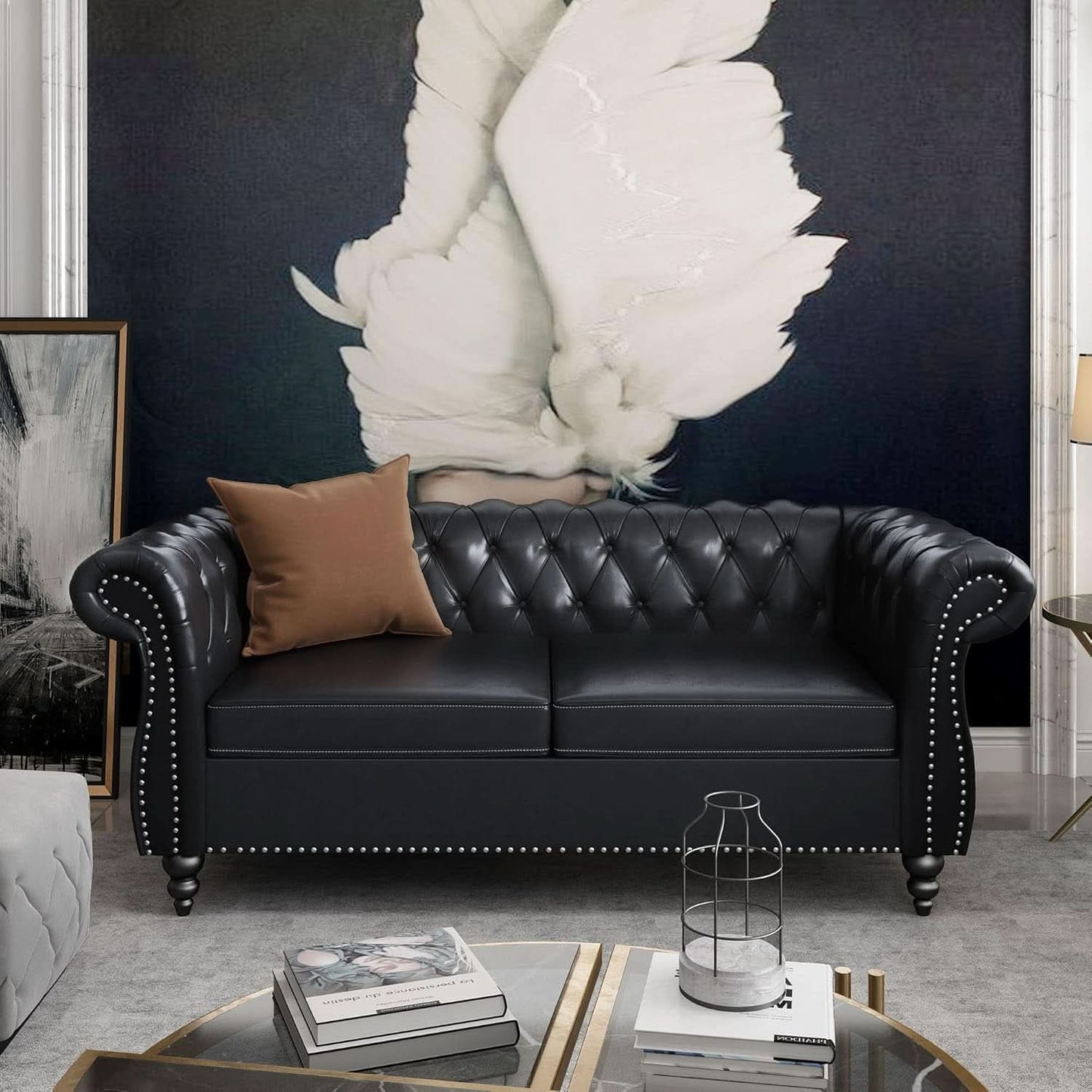 Two Piece Chesterfield Leather Living Room Set With Black Leather Loveseat And Chair-1