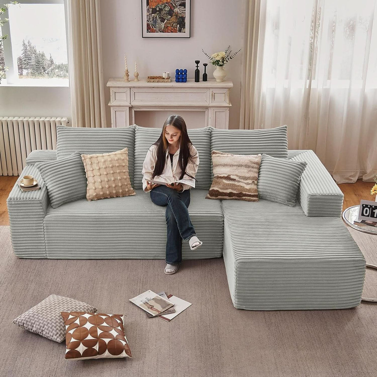 107 Inch Grey Corduroy L Shaped Modular Sleeper Sofa
