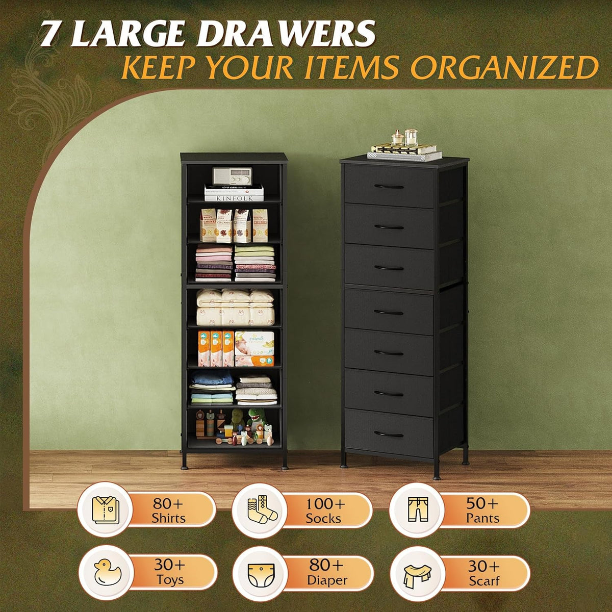Black Extended Fabric Dresser Vertical Seven Drawers