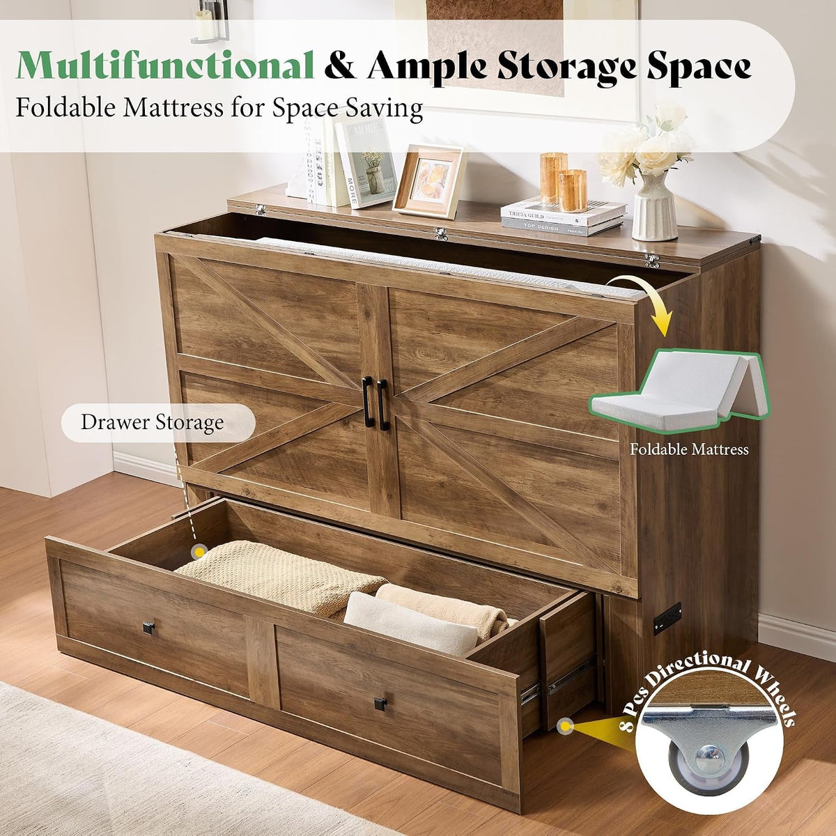 Barnwood Murphy Bed Cabinet Featuring Charging Station