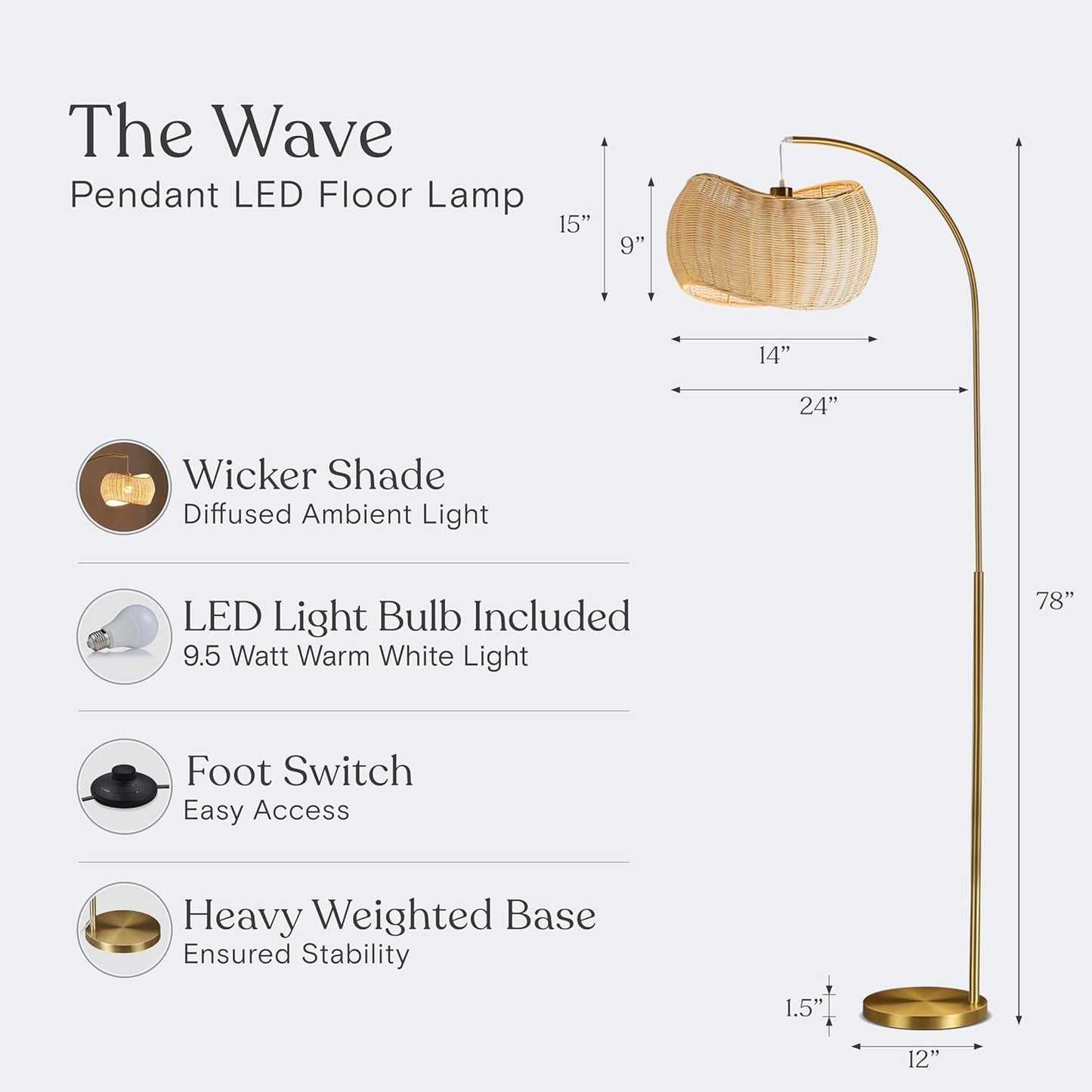 Brass Wave Arc Floor Lamp Handwoven Wicker Shade Aura