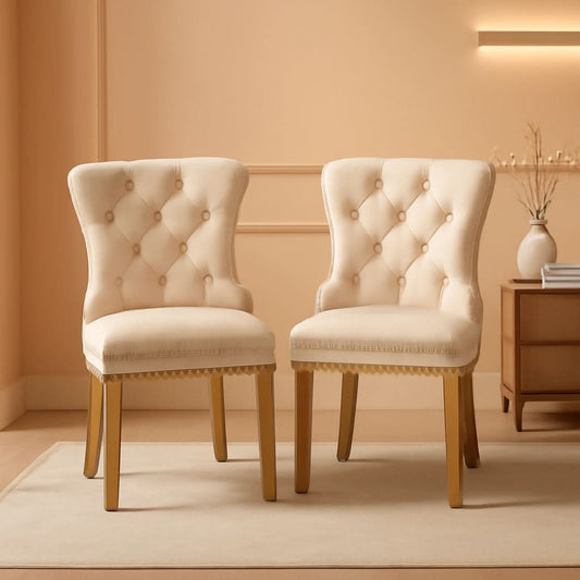 Beige Velvet Dining Chairs Set Of Four Wingback Button Tufted Dining Room Chairs