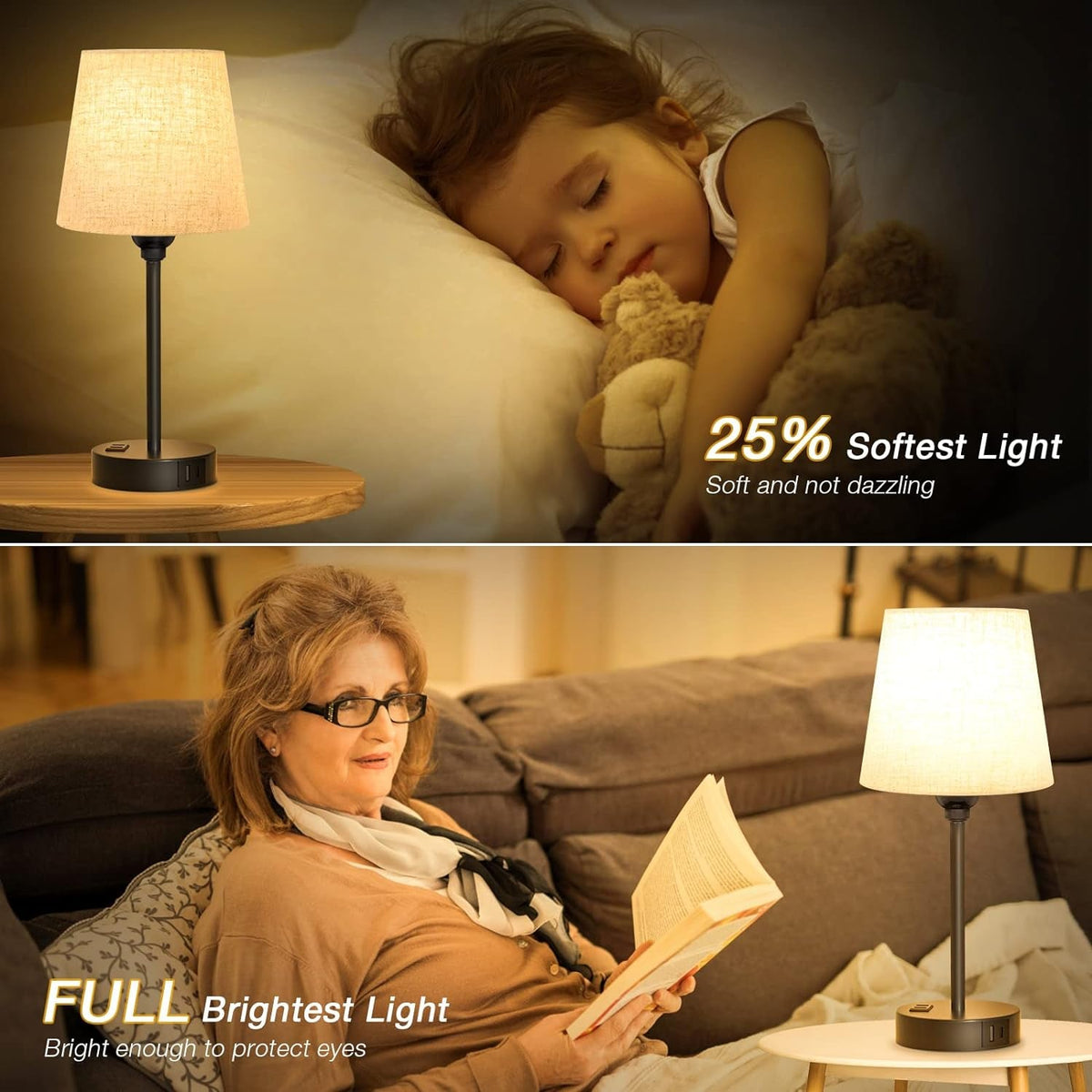 Black Nightstand Lamps Multifunction USB C Dimmable