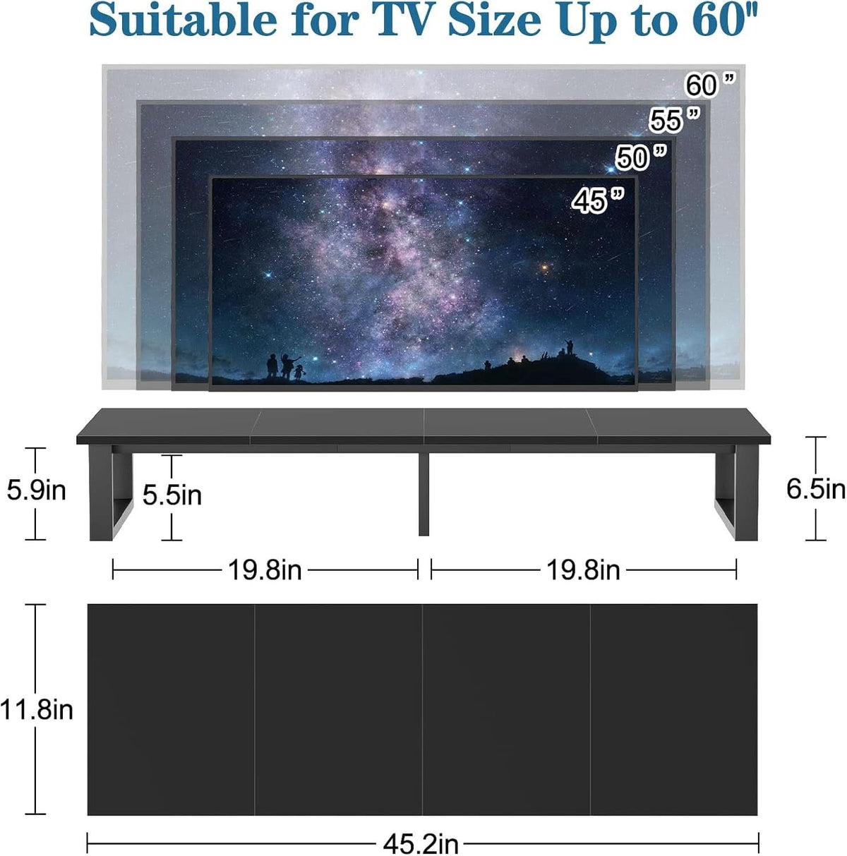 Black 45 Inch TV Riser Stand Cable Management System