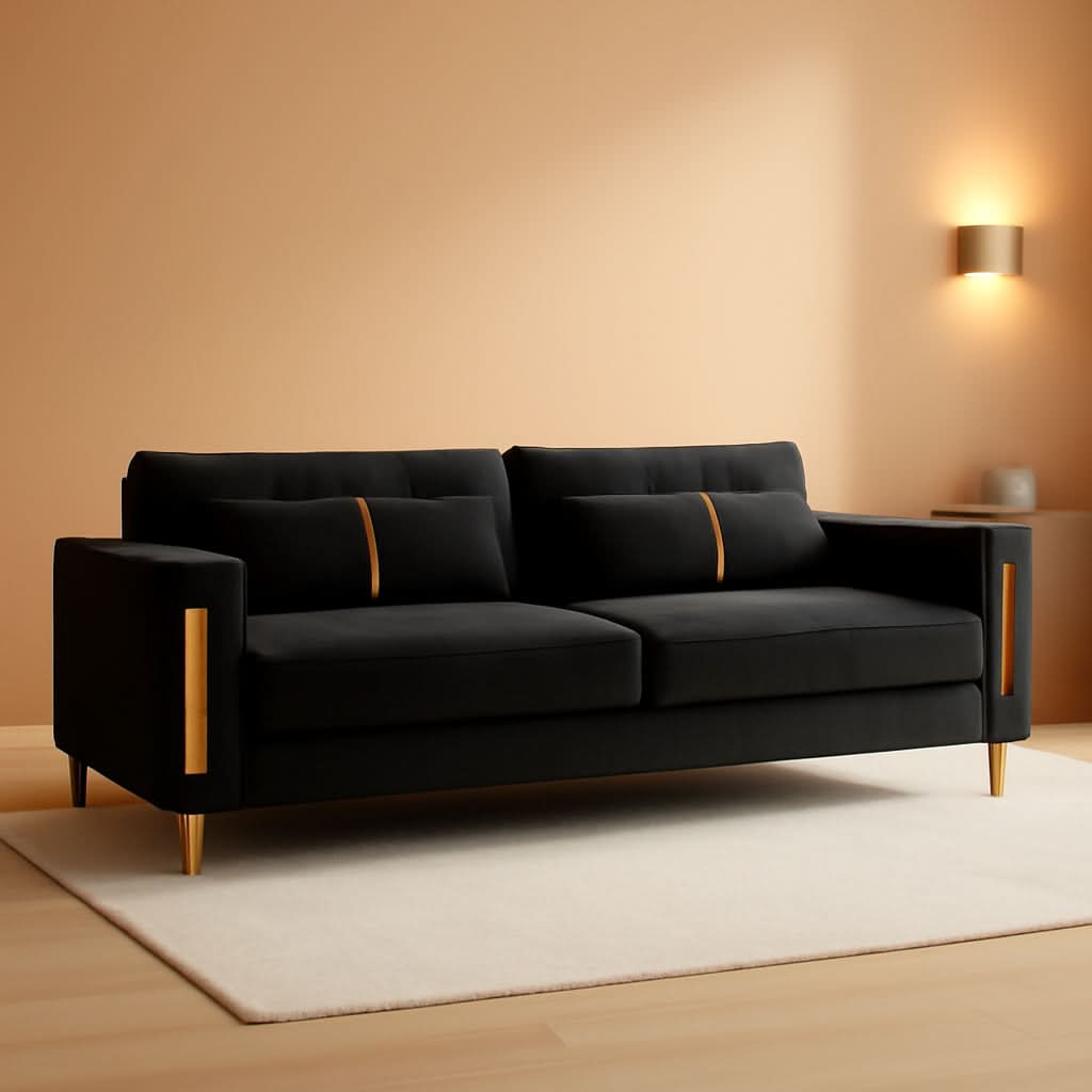 86-Inch Black Velvet Loveseat With Gold Metal Legs For Living Room-0