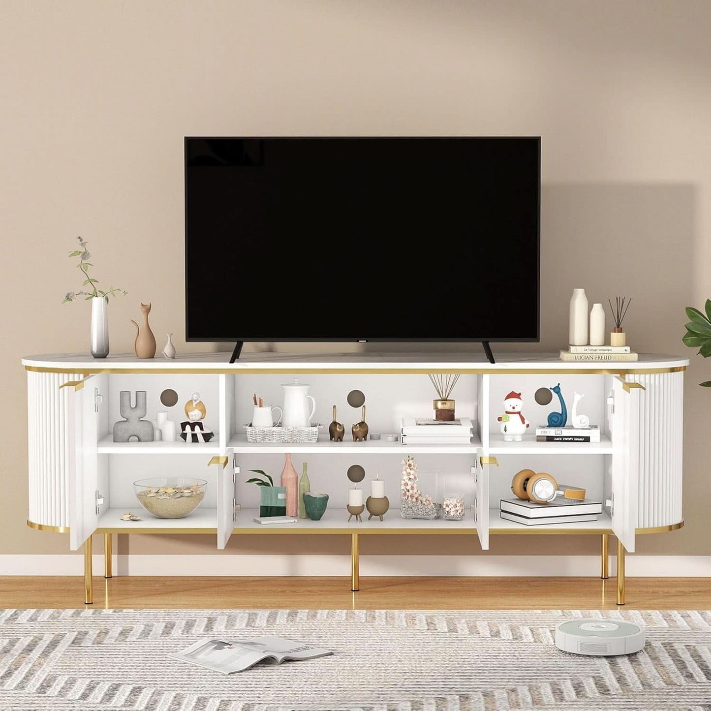 Elegant White Fluted Seventy Inch TV Stand Storage Solutions