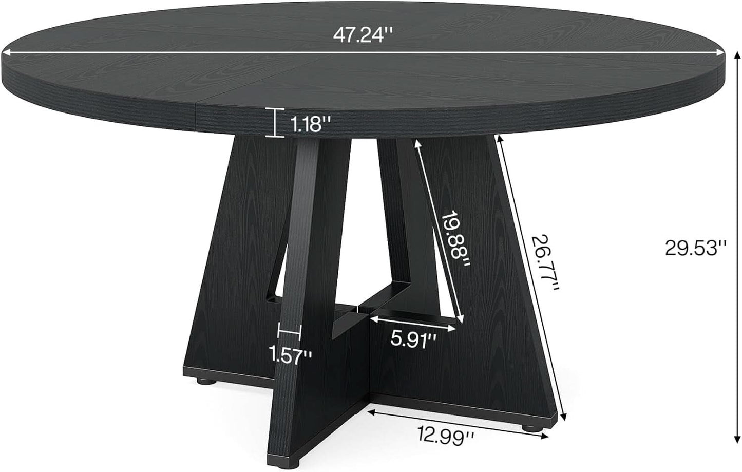 Round Wood Dining Table Farmhouse 47 Inch For Dining Room With Cross Base Black