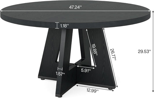 Round Wood Dining Table Farmhouse 47 Inch For Dining Room With Cross Base Black