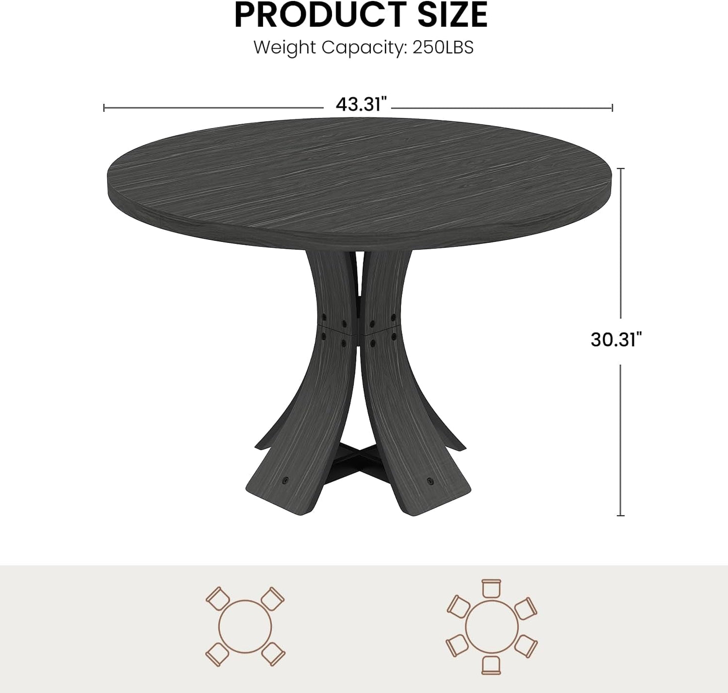43 Charcoal Circular Dining Table Hardwood Farmhouse