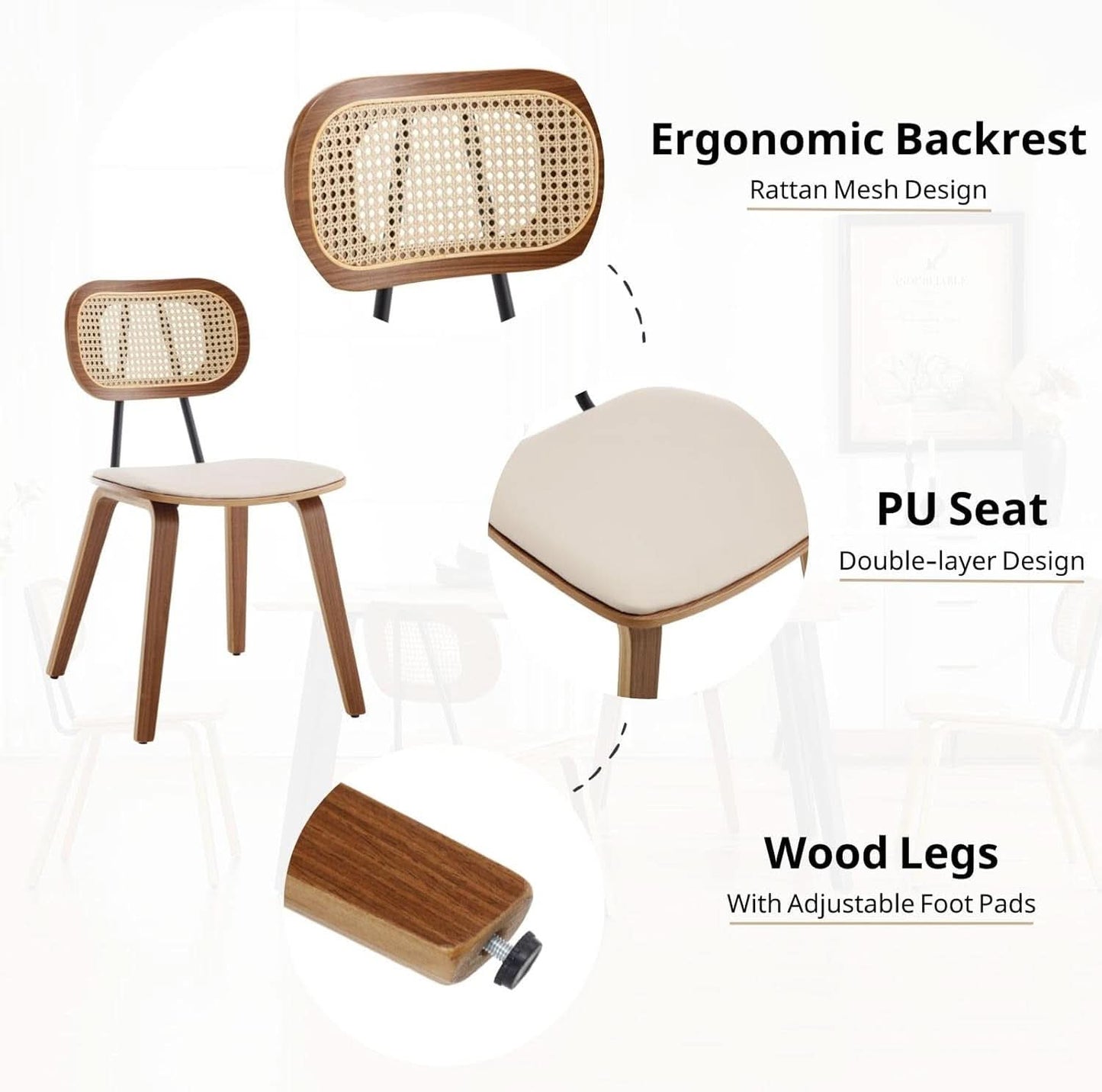 Beige Upholstered Dining Chairs With Rattan Backrest