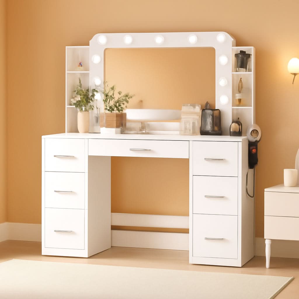 Makeup Vanity Desk White Illuminated Mirror Shelves