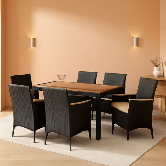 7 Piece Patio Dining Set Acacia Wood Table Black Rattan