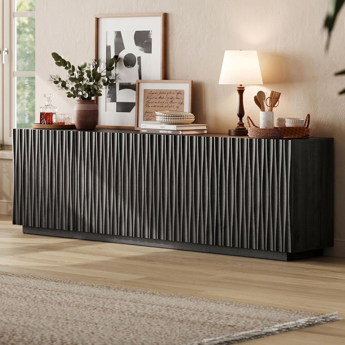 Minimalist Matte Black Fluted Mid Century Sideboard
