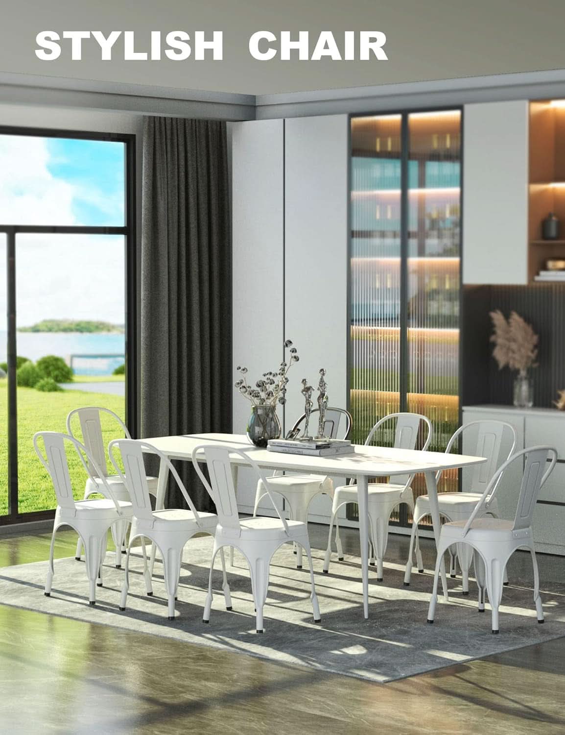 Tolix Style Metal Dining Chair White Stackable Set Of 4