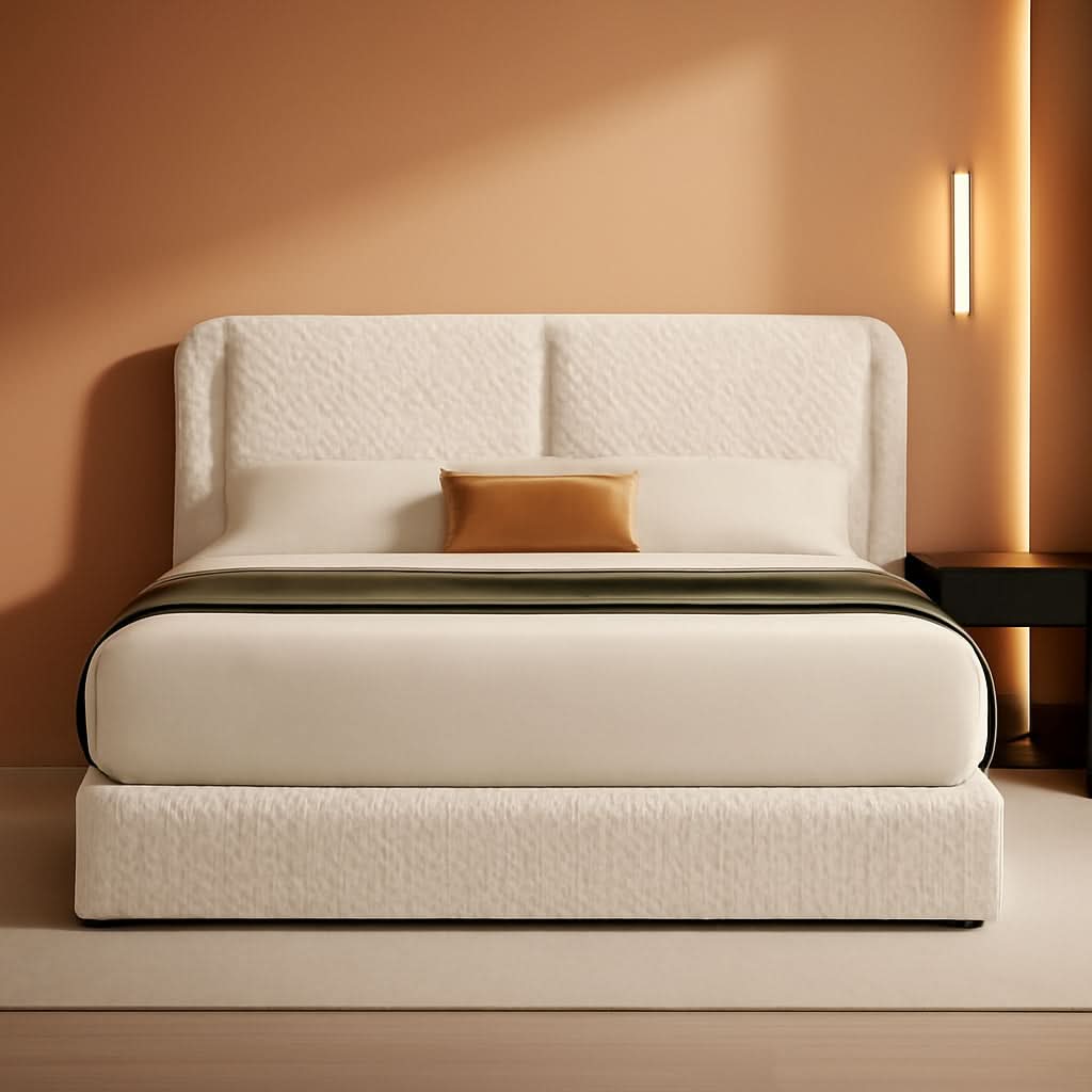Queen Size White Corduroy Upholstered Platform Bed