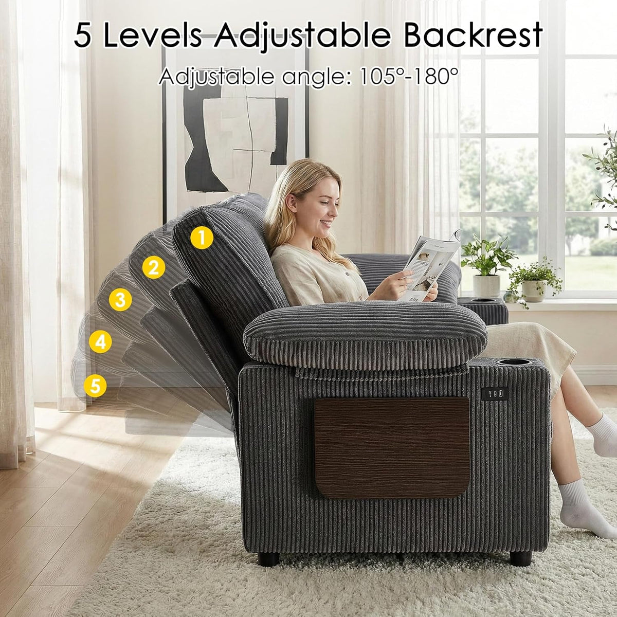 58 In Sleeper Sofa Bed DarkGrey Foldable Side Table Space Saving