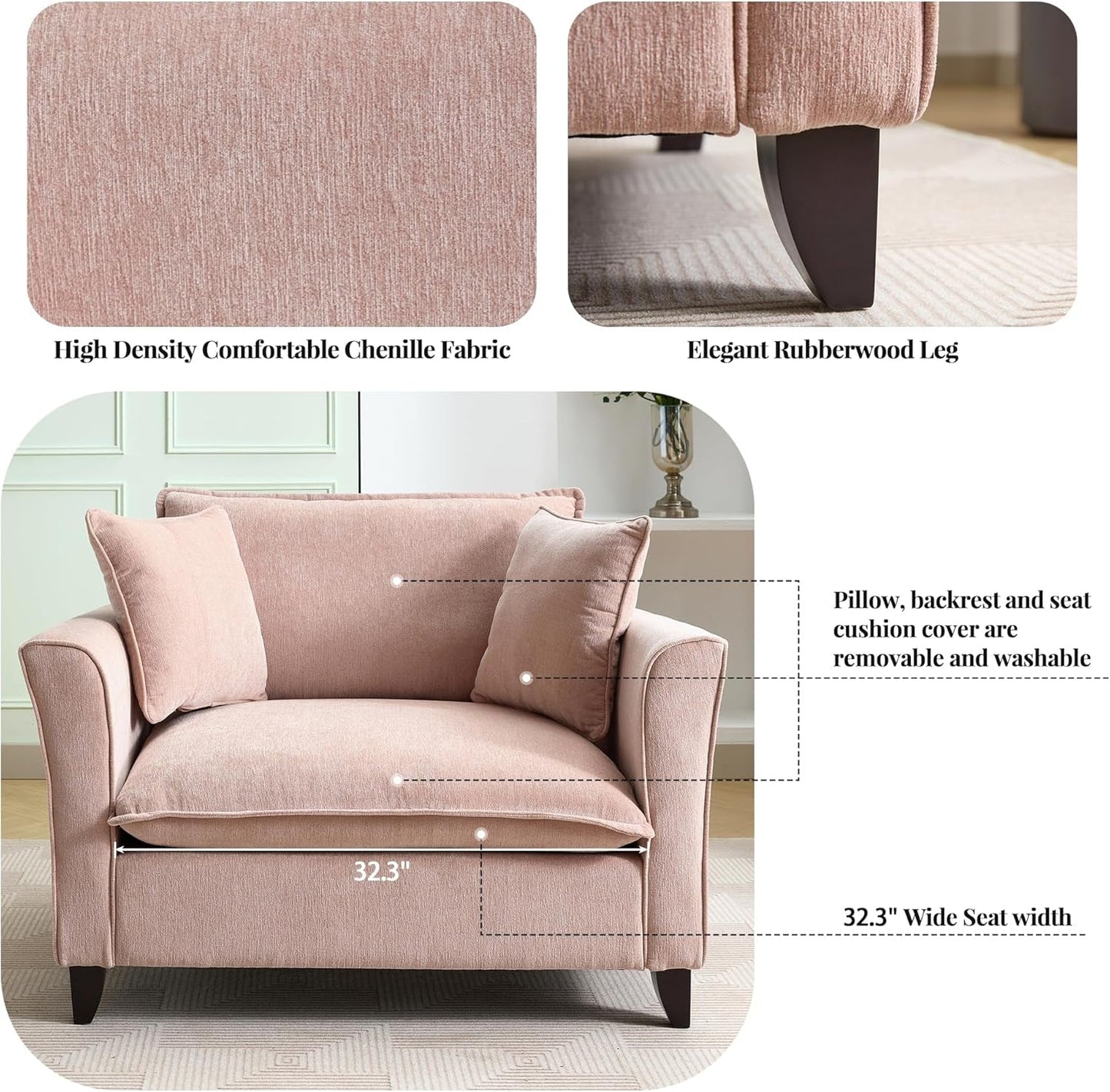 Oversized Chenille Accent Chair Pale Pink Cushions