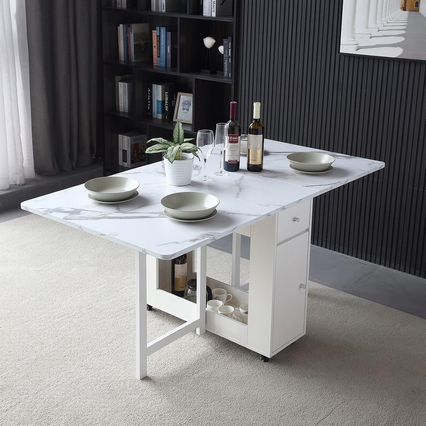 White Folding Extendable Dining Table Marble Storage