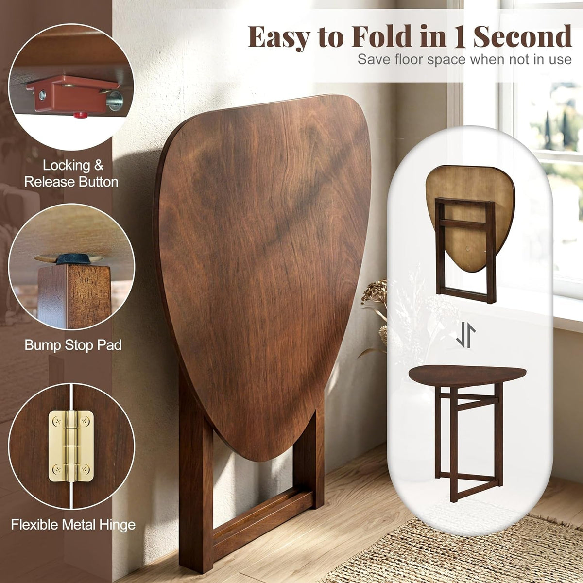 Walnut 31.5 Inch Folding Dining Table Compact Space Saver
