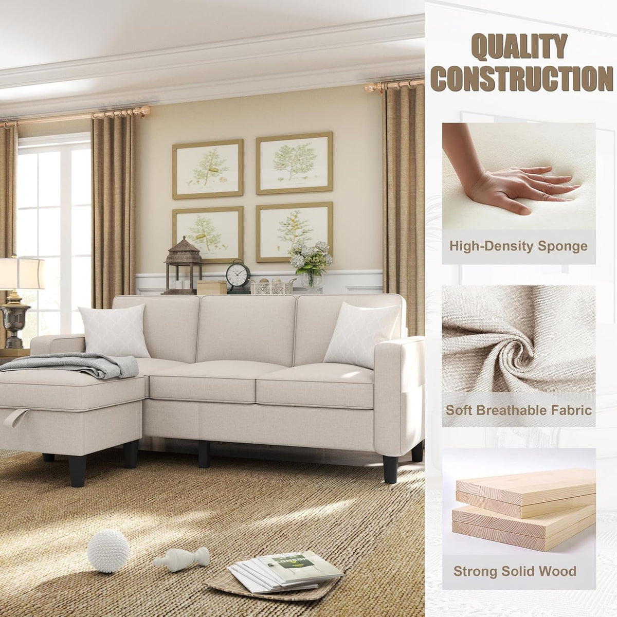 Seventy EightInch Beige Linen Sectional Sofa Storage