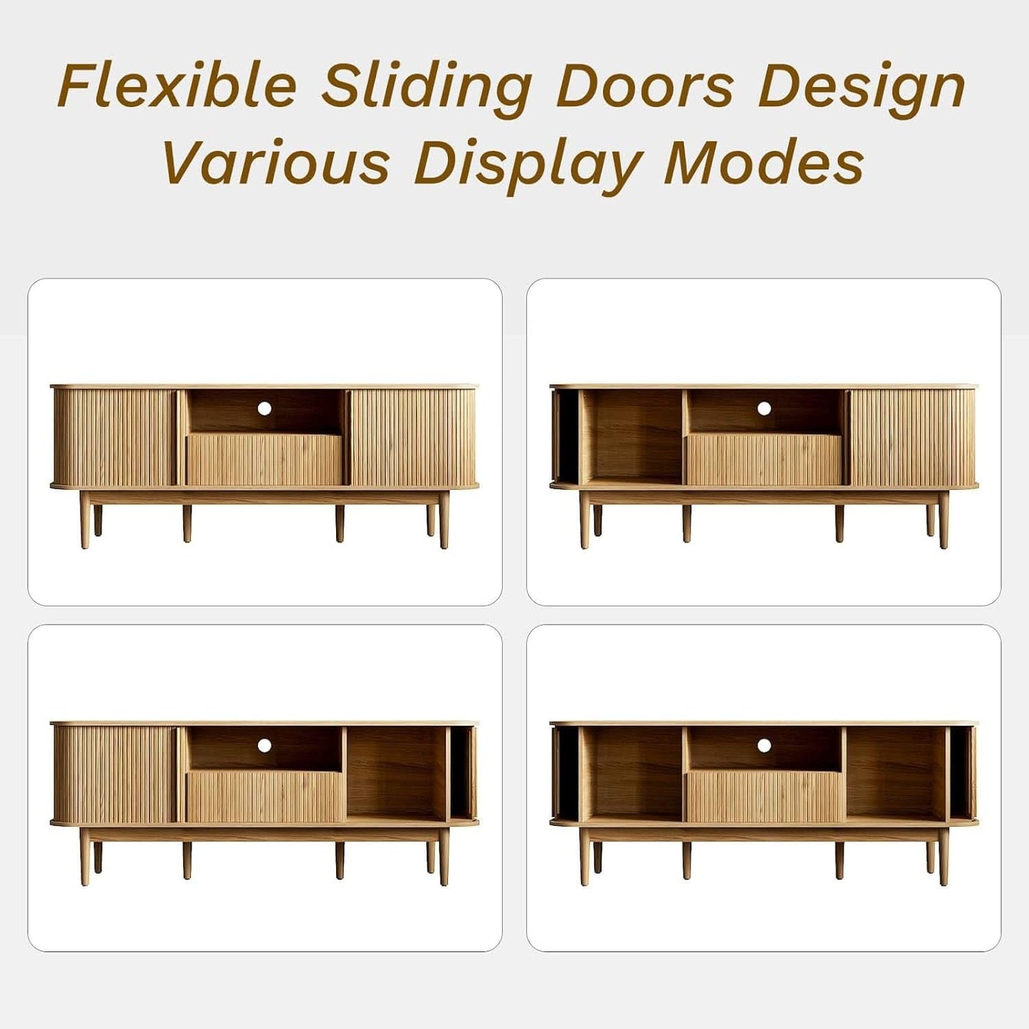 63 Inch Fluted Natural Wood TV Stand Entertainment Center