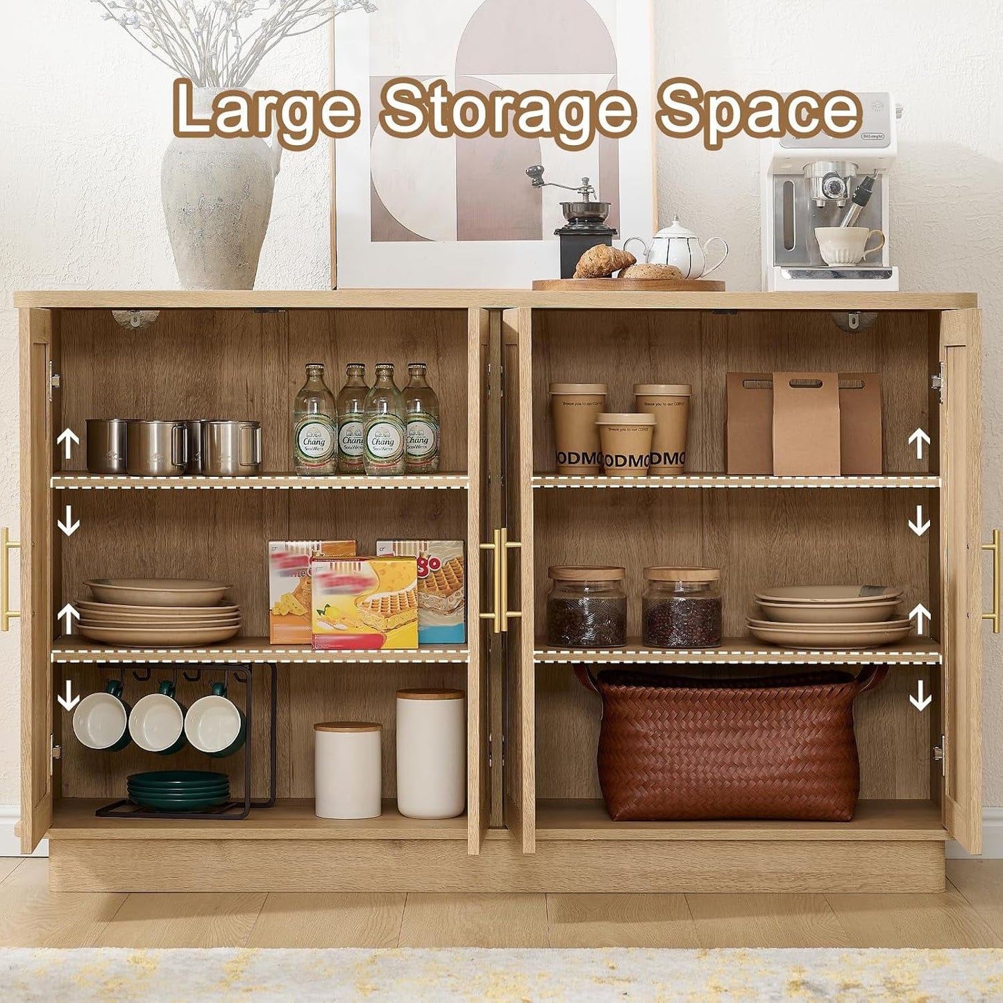 Oak Fluted Sideboard Buffet With Adjustable Shelves