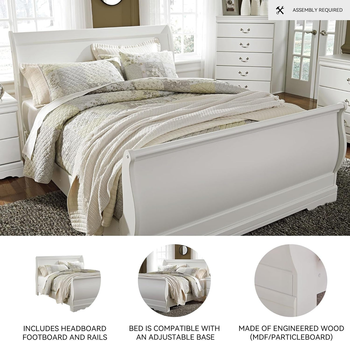 Queen White Louis Philippe Sleigh Bed Frame With Slats