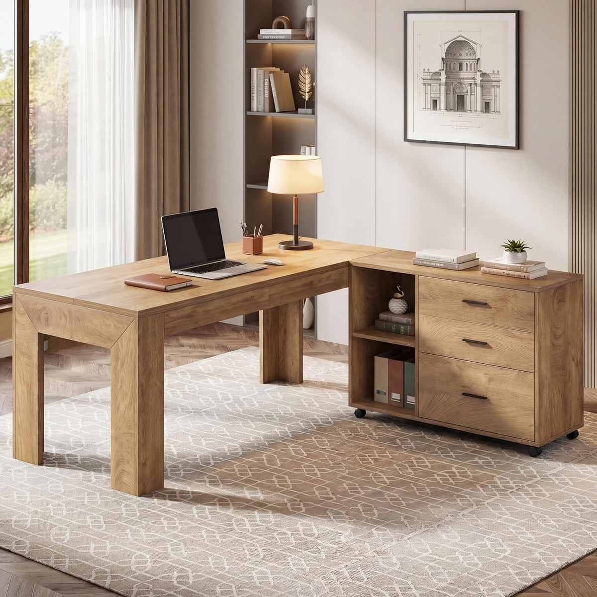 Sixty Three Inch L Shaped Desk WithStorage Drawers Brown Finish Executive Desk Premium