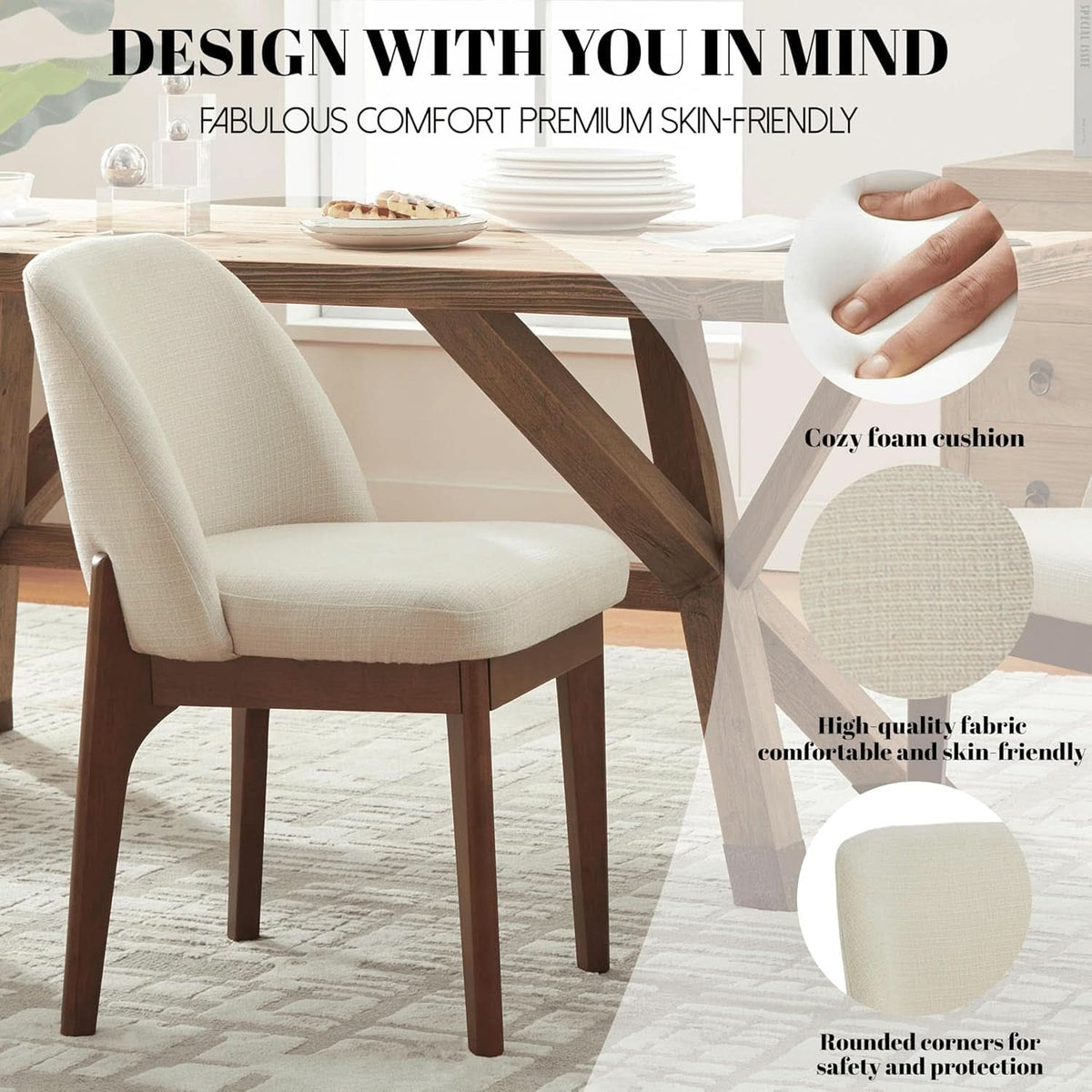 Beige Upholstered Dining Chairs Set With Rubberwood
