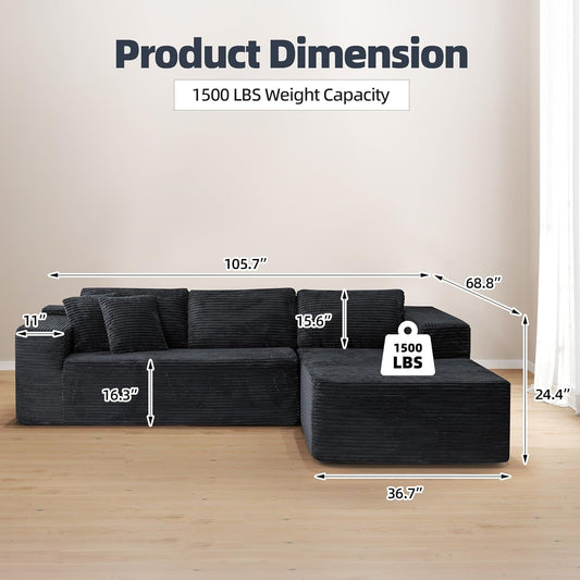 106 Inch Black Corduroy Upholstered Sectional Sofa