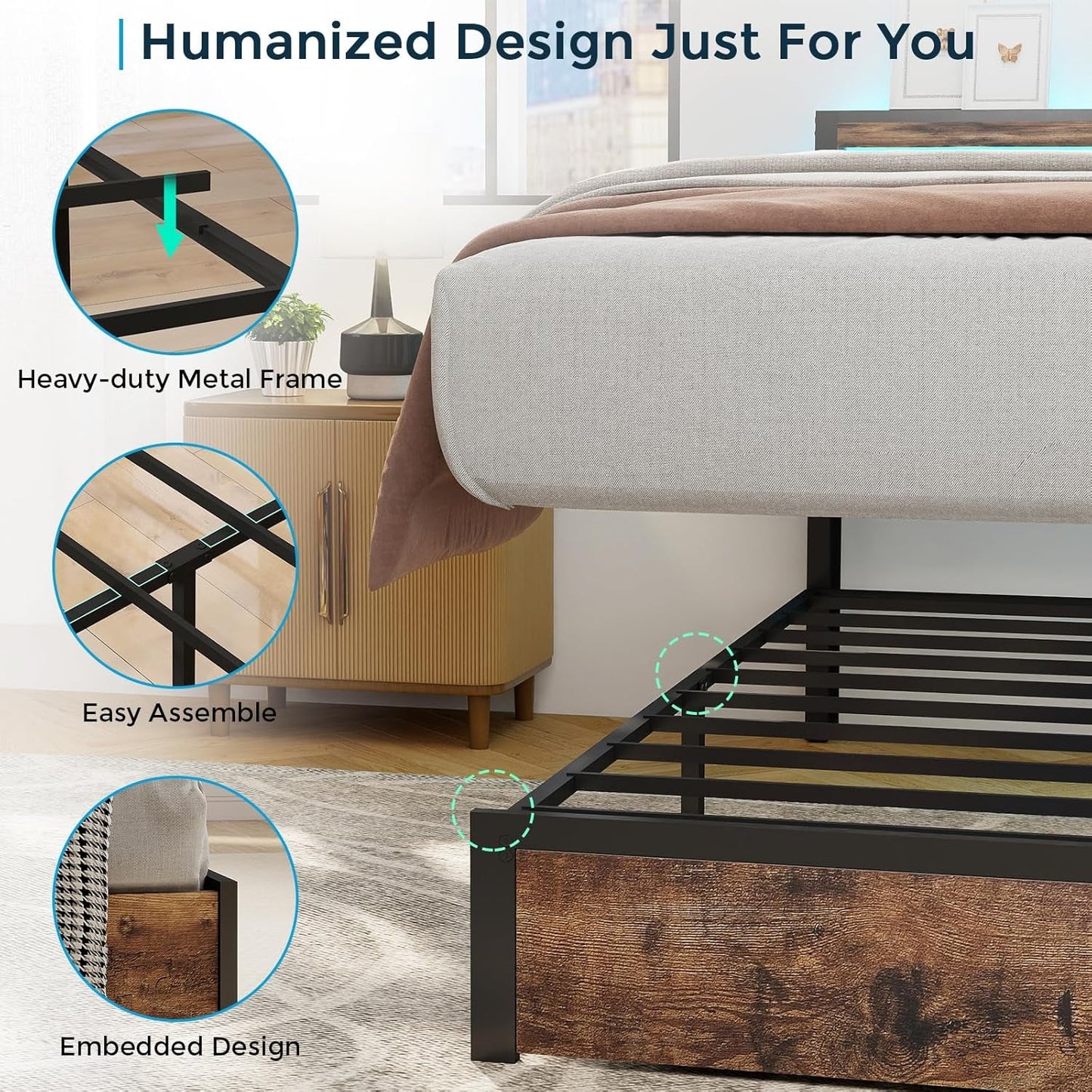 Full Size Bed Frame With Storage Drawers Charging Station