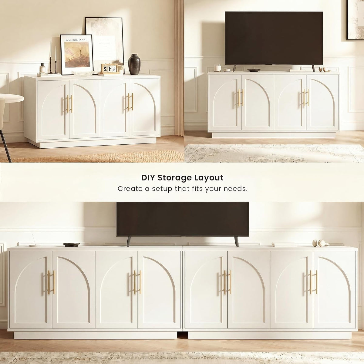 59-Inch Arched Buffet Cabinet Beige Finish With Adjustable Shelves
