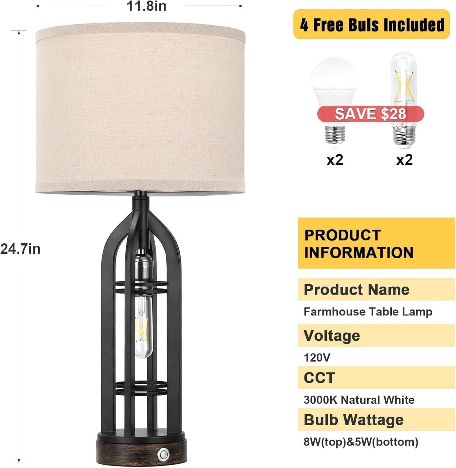 Obsidian Living Room Table Lamp Three Way Dimmable USB Outlet-4