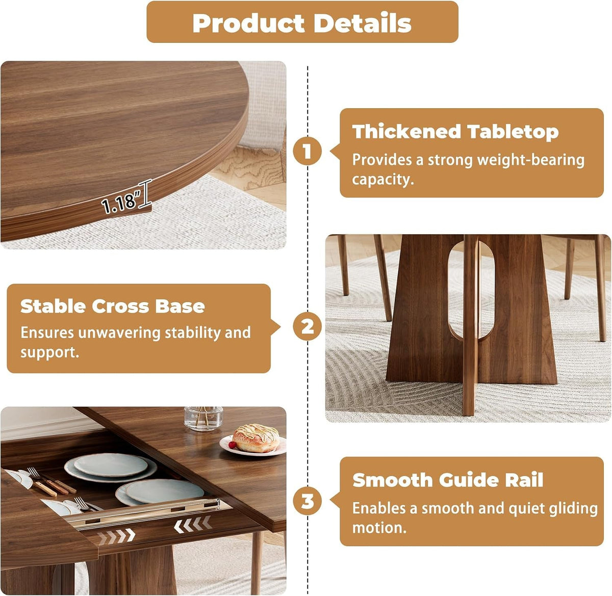 Extendable Farmhouse Dining Table Dark Walnut Finish