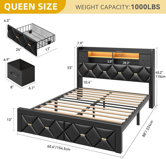 Queen Size Black Upholstered Bed Frame USB Charging