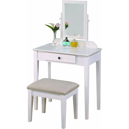 White Transitional Vanity Table and Stool Set for Bedroom