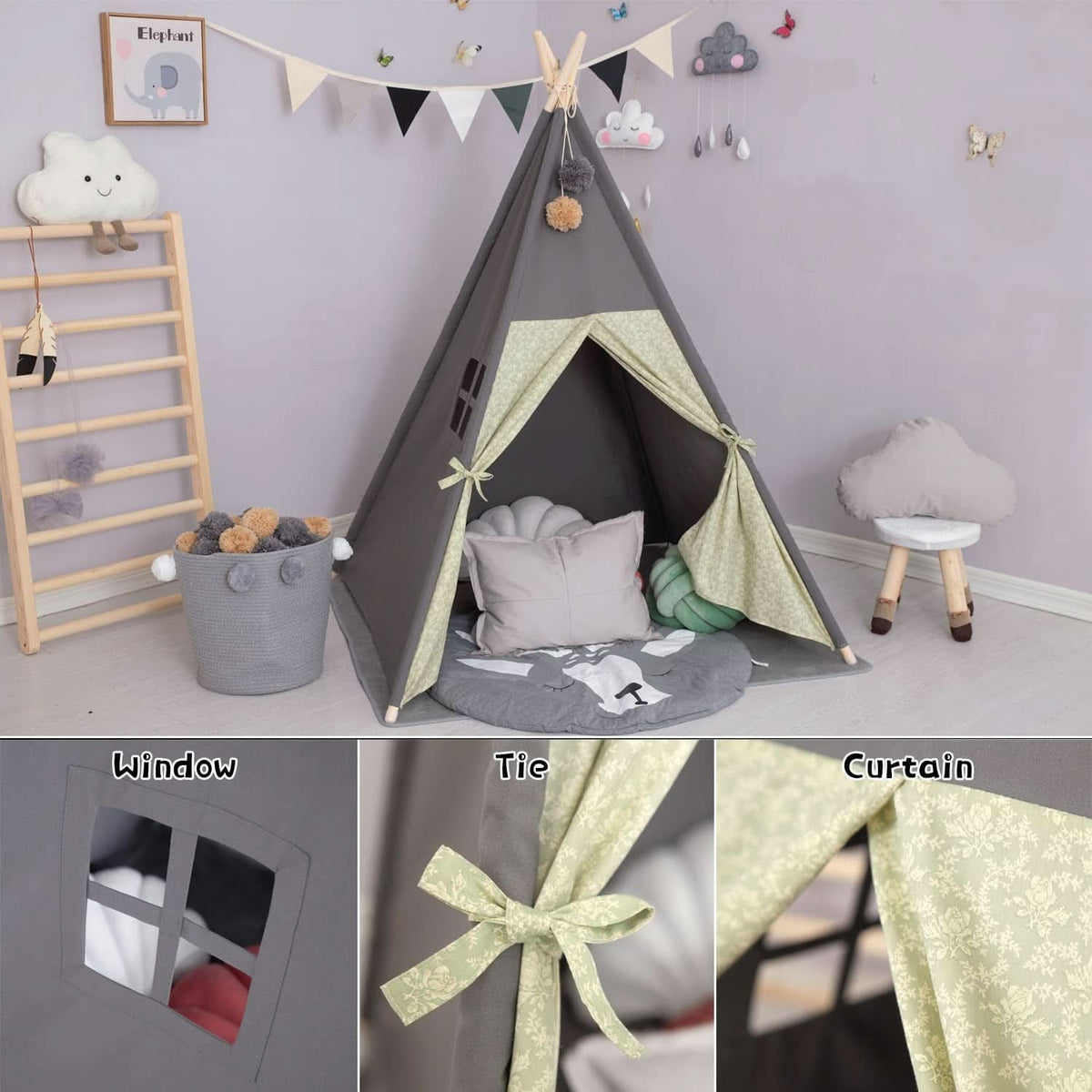 Charcoal Grey Teepee Playhouse With Cushioned Mattress