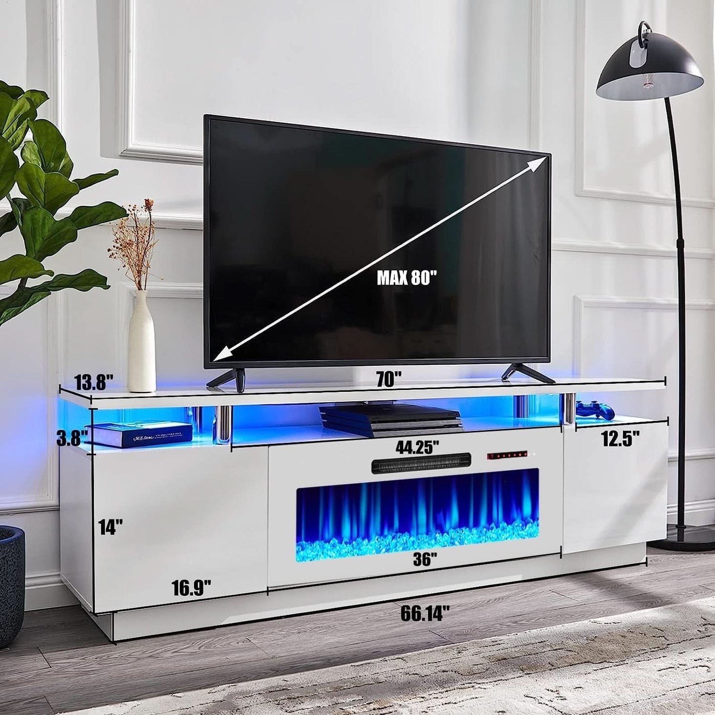 White 36-Inch Electric Fireplace TV Stand With 70-Inch LED Entertainment Center