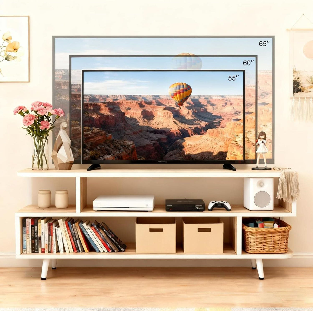 Walnut Finish 65 Inch TV Stand With Storage Cabinet Solutions-3