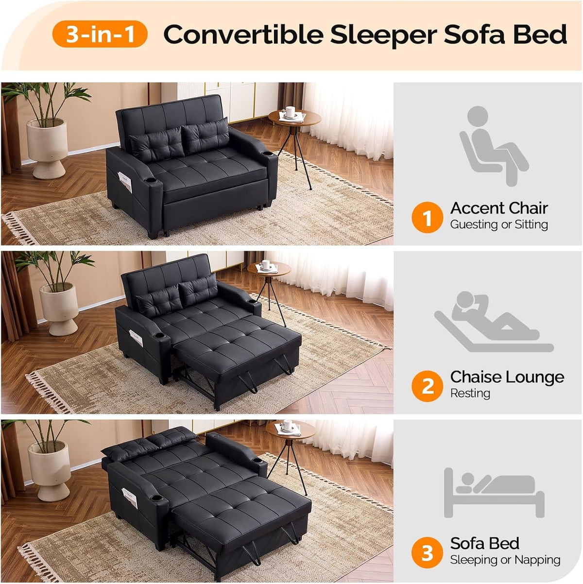 Black Leatherette Convertible Sleeper Sofa With USB