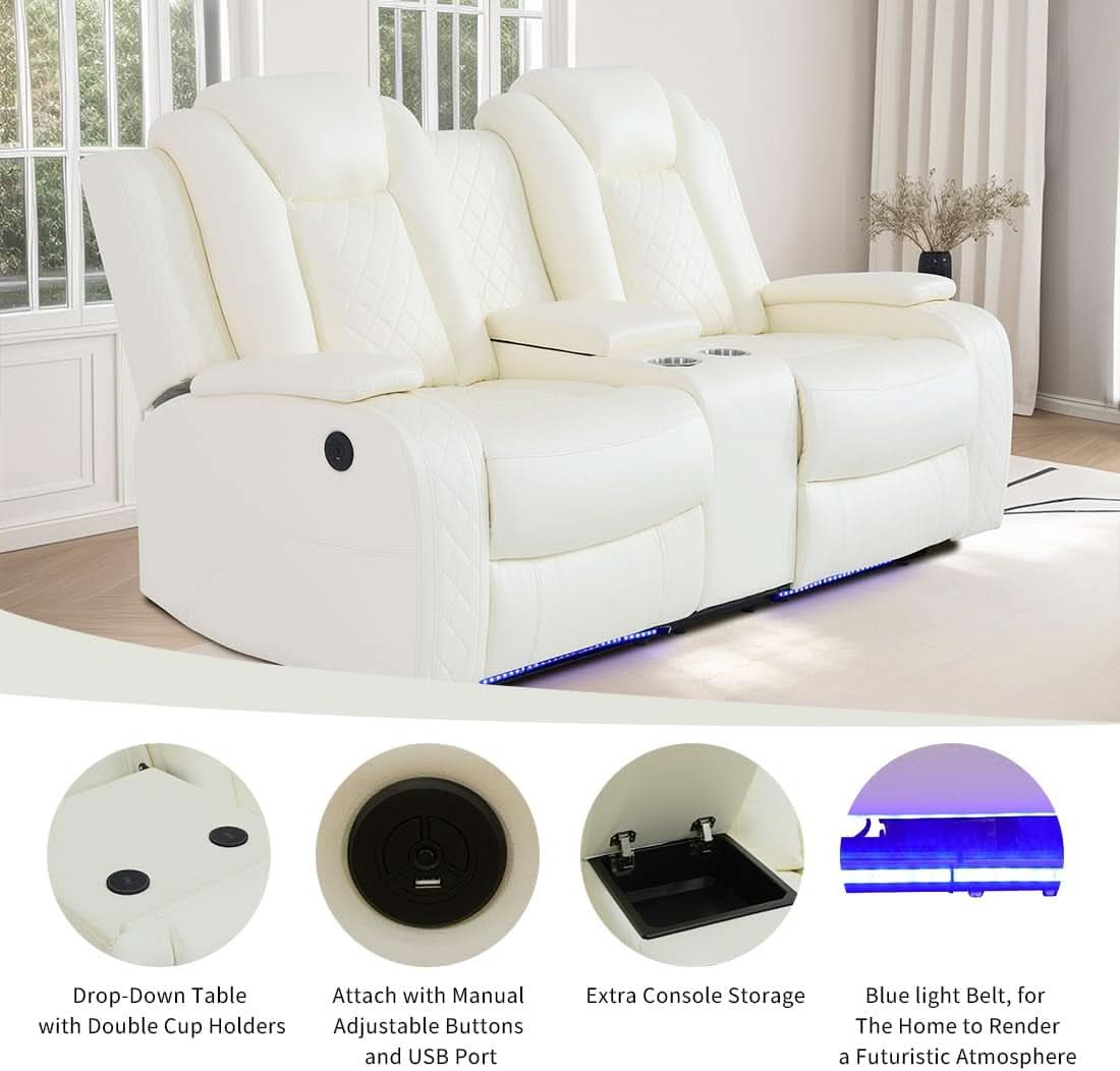 Living Room Set Leather Sofa Power Recliner Creamy White