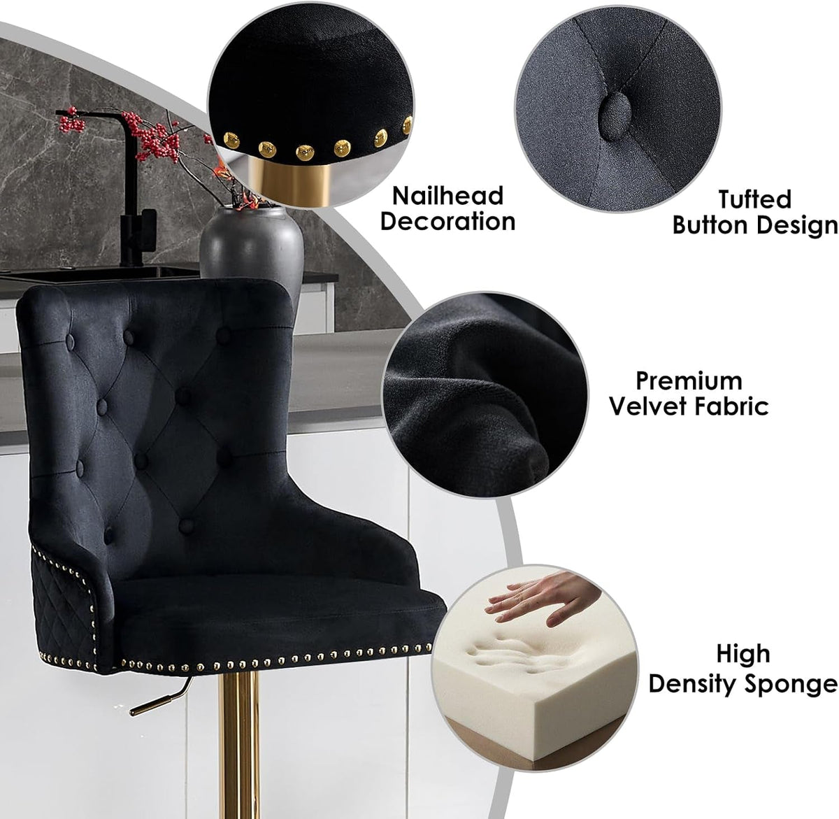 Black Velvet Swivel Bar Stools With Gold Lion Pull Ring