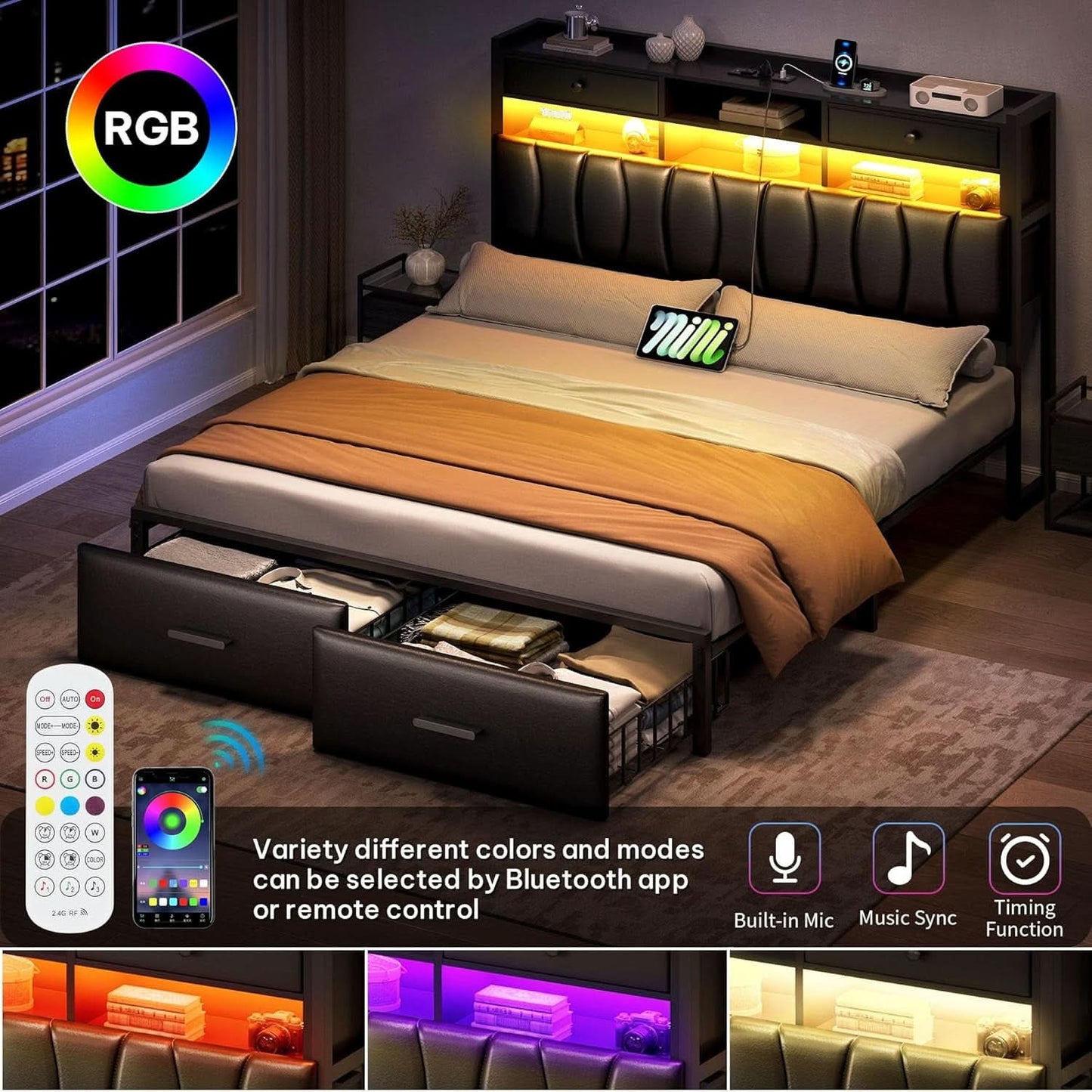 Full Size Upholstered Bed With Integrated Charging