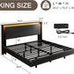 King Size Bed Frame with LED Lights & Charging Station – Wood Floating Bed Frame with Storage Headboard, Adhesive Slats, Kick-Free & Noise-Free Design, Easy Assembly, Black